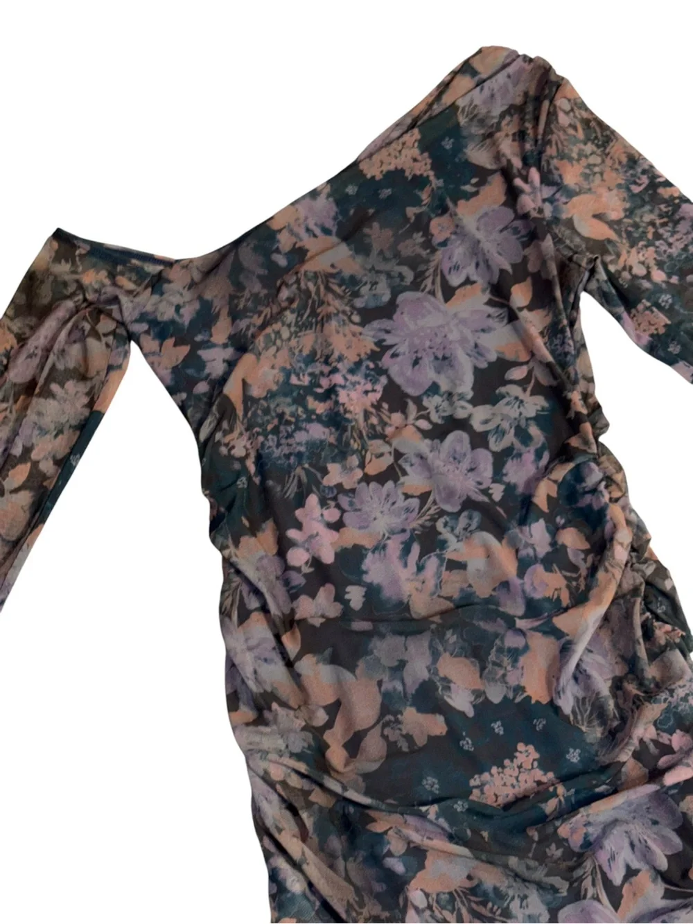 NWT women FREE PEOPLE blue floral mesh off the shoulder long sleeve mini dress s